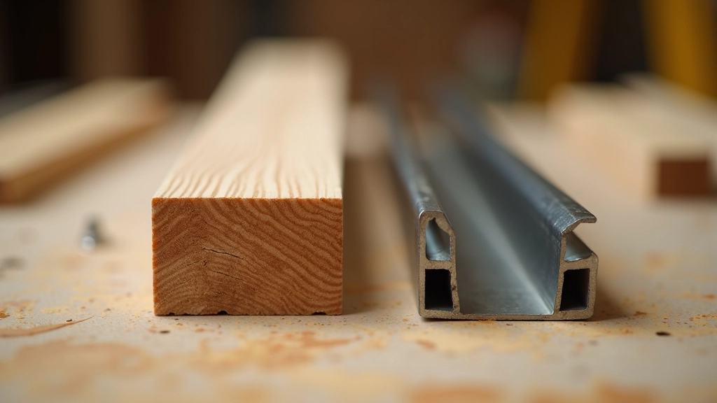 Comparison of wooden studs and metal C-channel studs, wood studs show grain and potential knots, metal studs show predrilled holes and clean edges, both on work table
