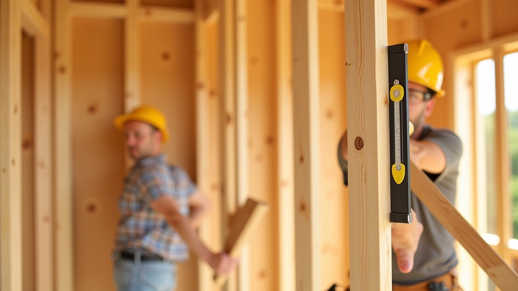 Completed wall frame with diagonal braces, carpenter using 4-foot level against vertical studs, level bubble centered, tape measure showing diagonal measurements, framing square on corner
