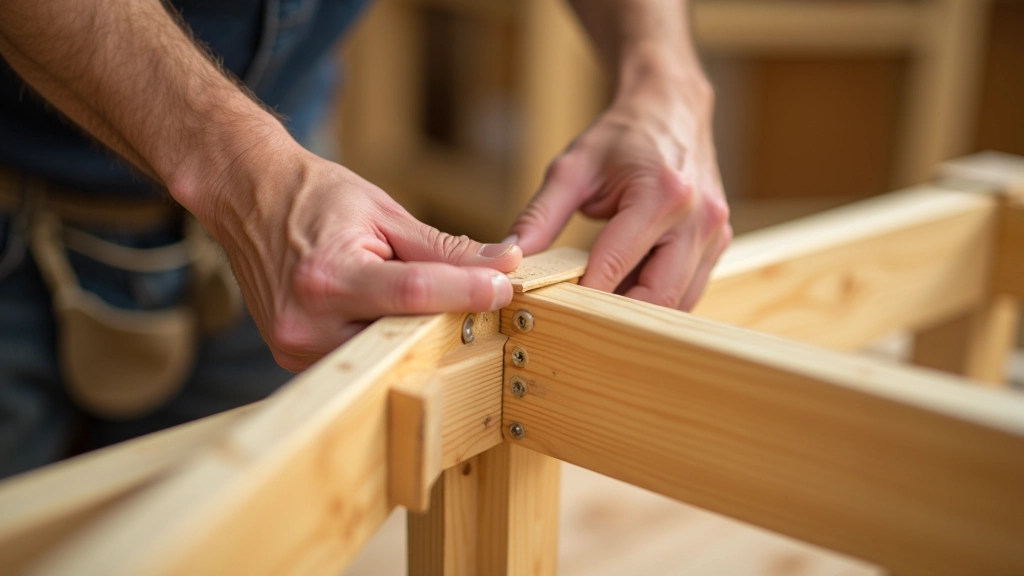 Close-up of wooden framing during shed assembly