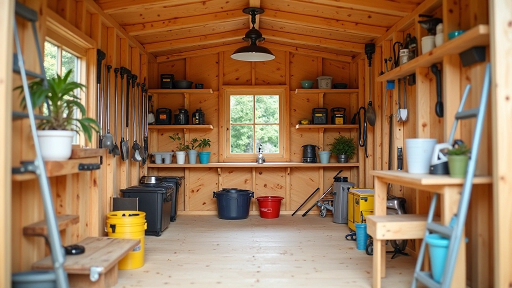 Interior of organized garden shed showing shelving, tool storage, and efficient layout