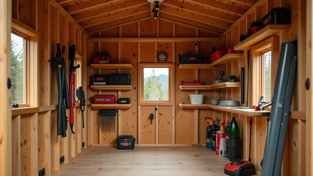 Interior shed storage with organized shelving, tool racks, and storage solutions for maximum space efficiency