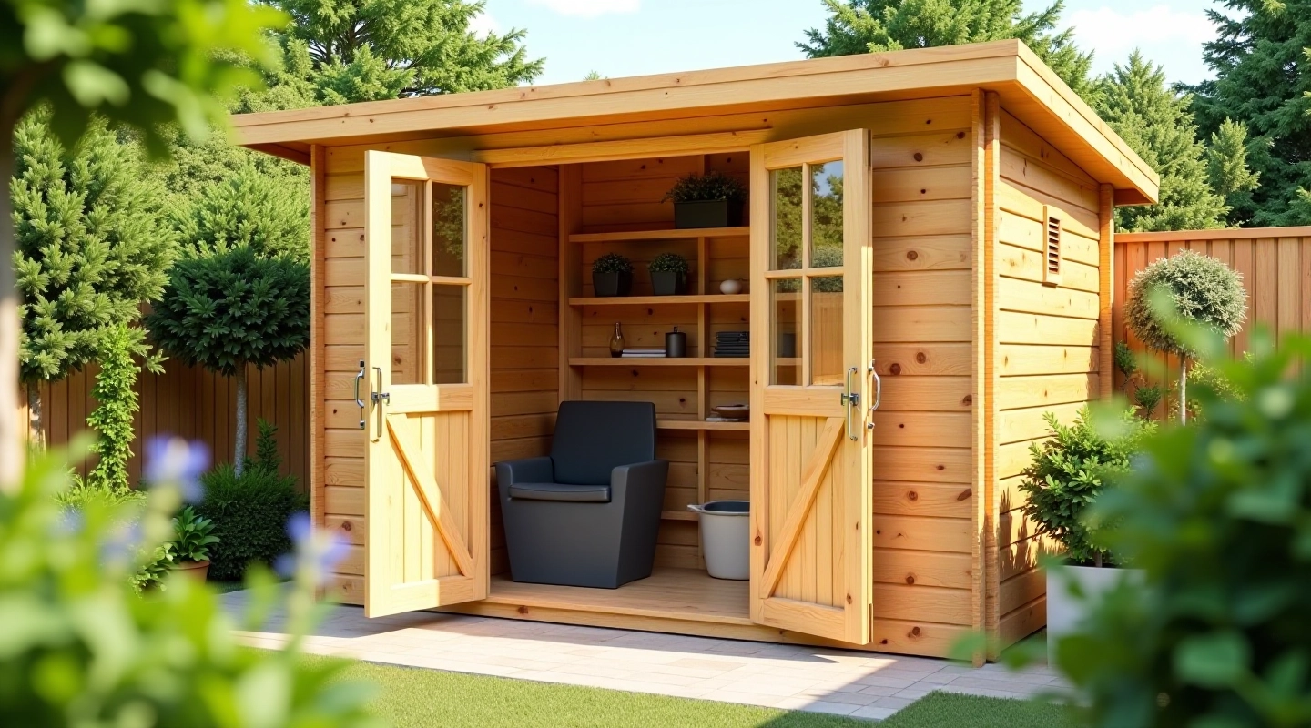 Wooden garden shed with open doors showing interior organization