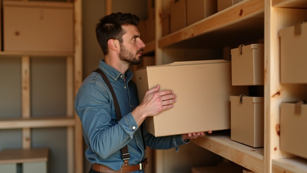Person rotating seasonal storage boxes on shelves, demonstrating the process of swapping out items between seasons