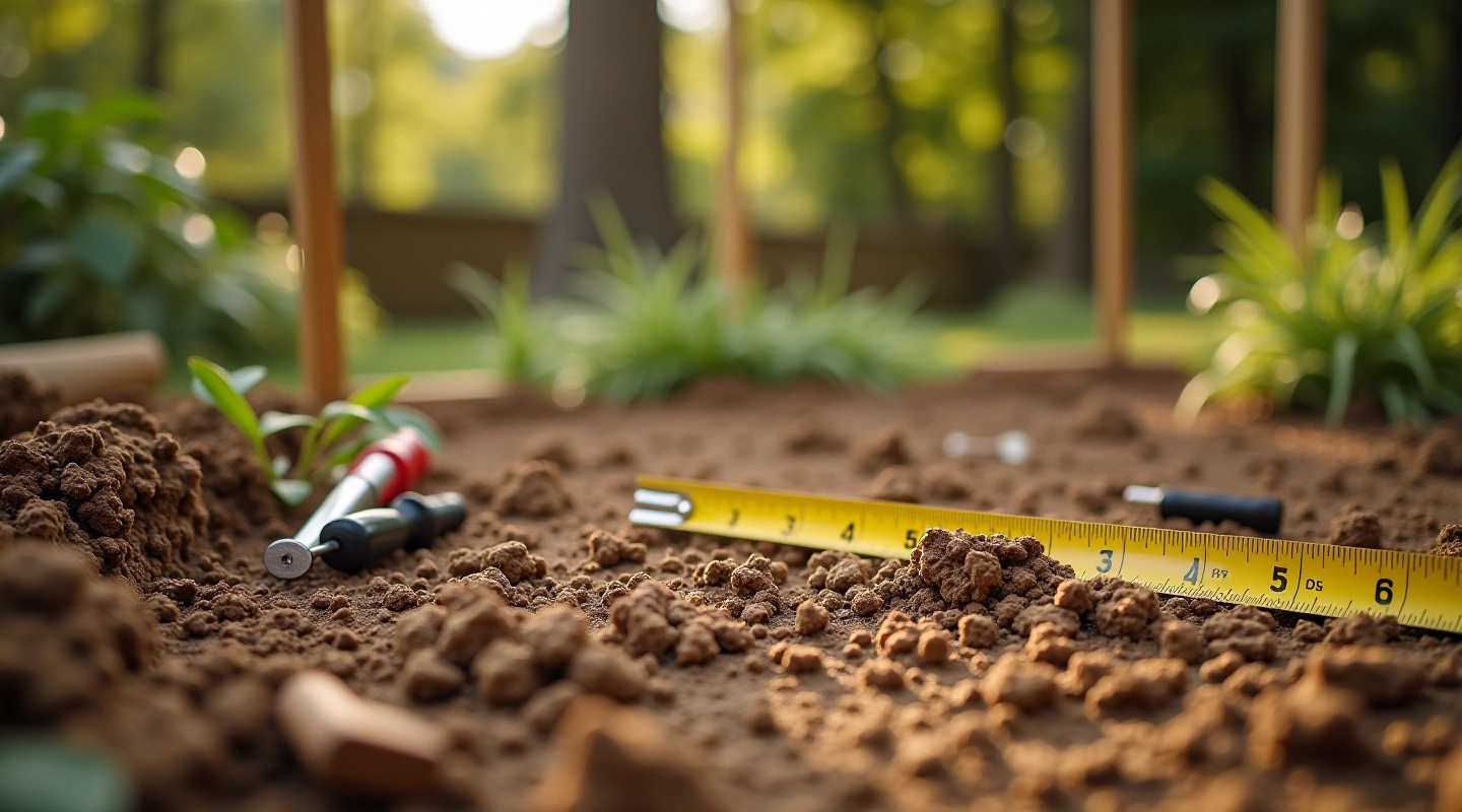 Properly leveled foundation site with measurement tools and soil preparation showing level ground ready for shed assembly
