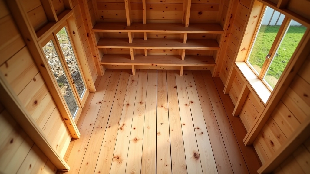 Top-down view of shed interior showing strategic shelf placement with clear floor space for movement and working
