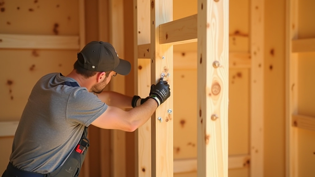 Two wall frames secured together at right angle with temporary diagonal bracing, carpenter fastening bracing with nails, multiple fasteners visible at plate connections