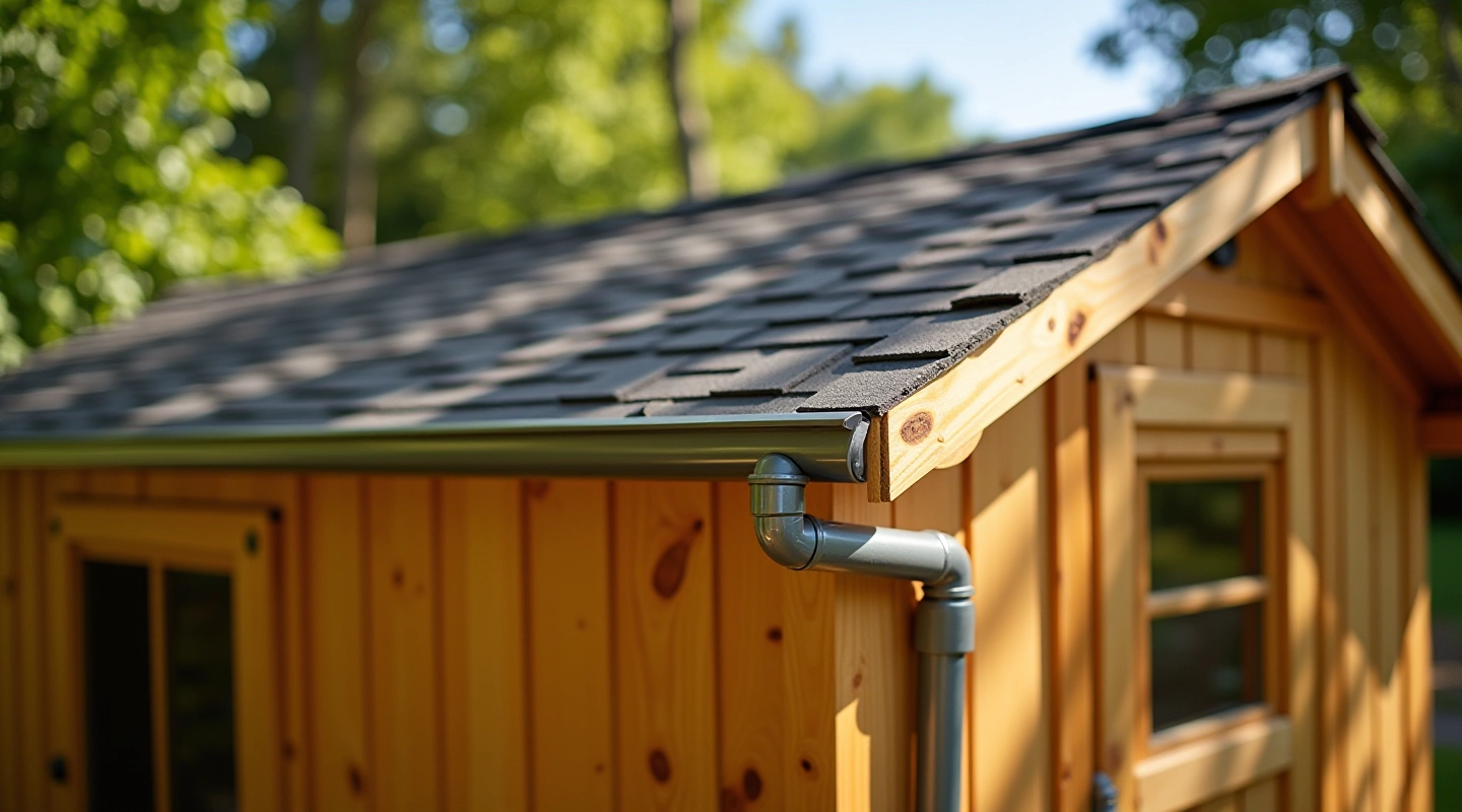 Wooden garden shed with properly installed asphalt shingle roof and metal gutters, showing weatherproofing details and flashing